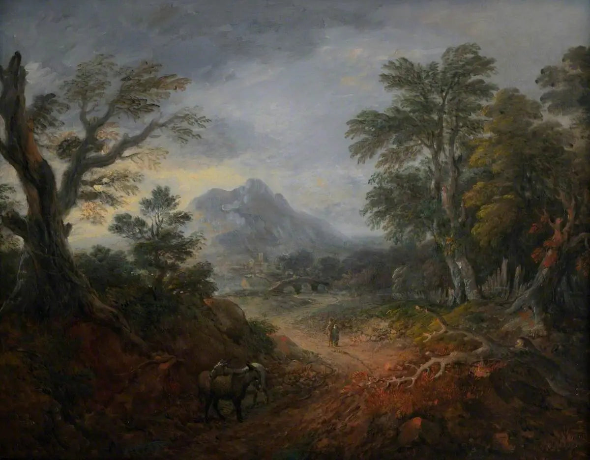 Paysage boisé avec personnages pont ânes bâtiments au loin et montagne - Thomas Gainsborough - Alpha Reproduction