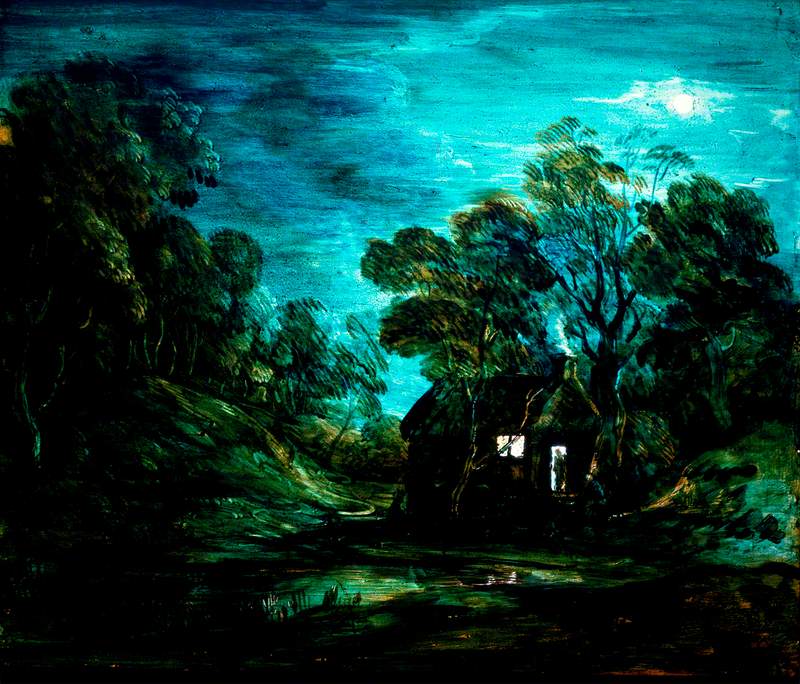 Paysage boisé au clair de lune avec une piscine et une silhouette à la porte d'un chalet - Thomas Gainsborough