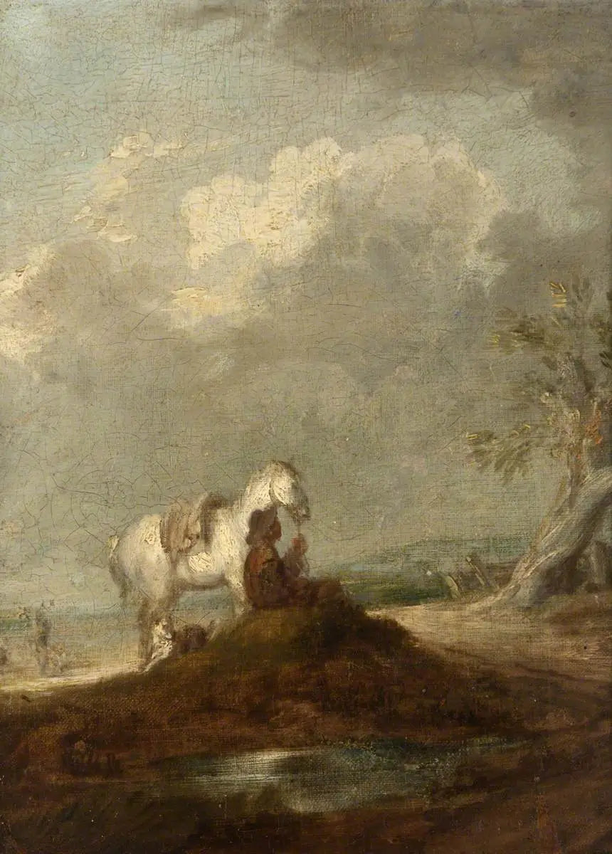 Un voyageur assis sur une route de campagne tenant un cheval blanc - Thomas Gainsborough - Alpha Reproduction