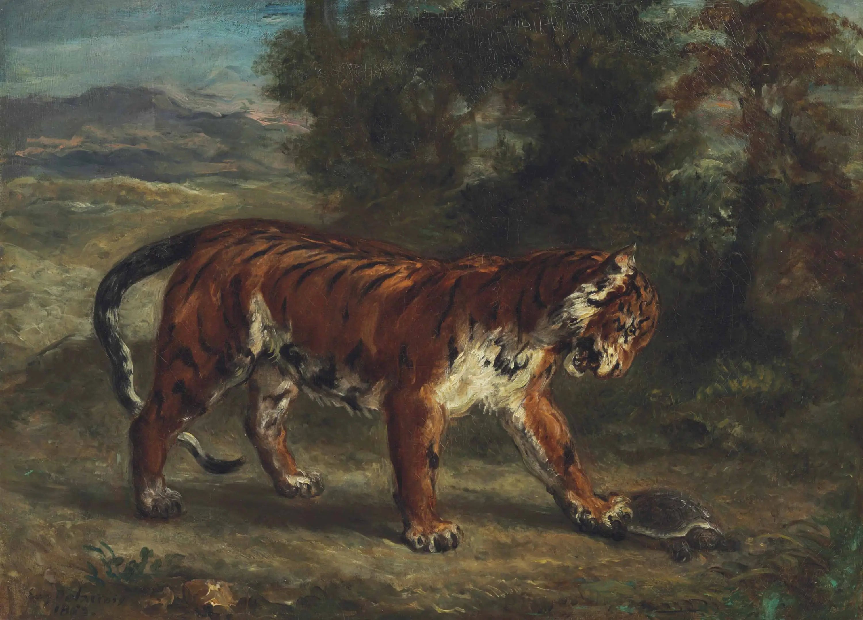 Reproduction du tableau « Tigre jouant avec une tortue - Eugène Delacroix » par Alpha Reproduction en peinture à l’huile