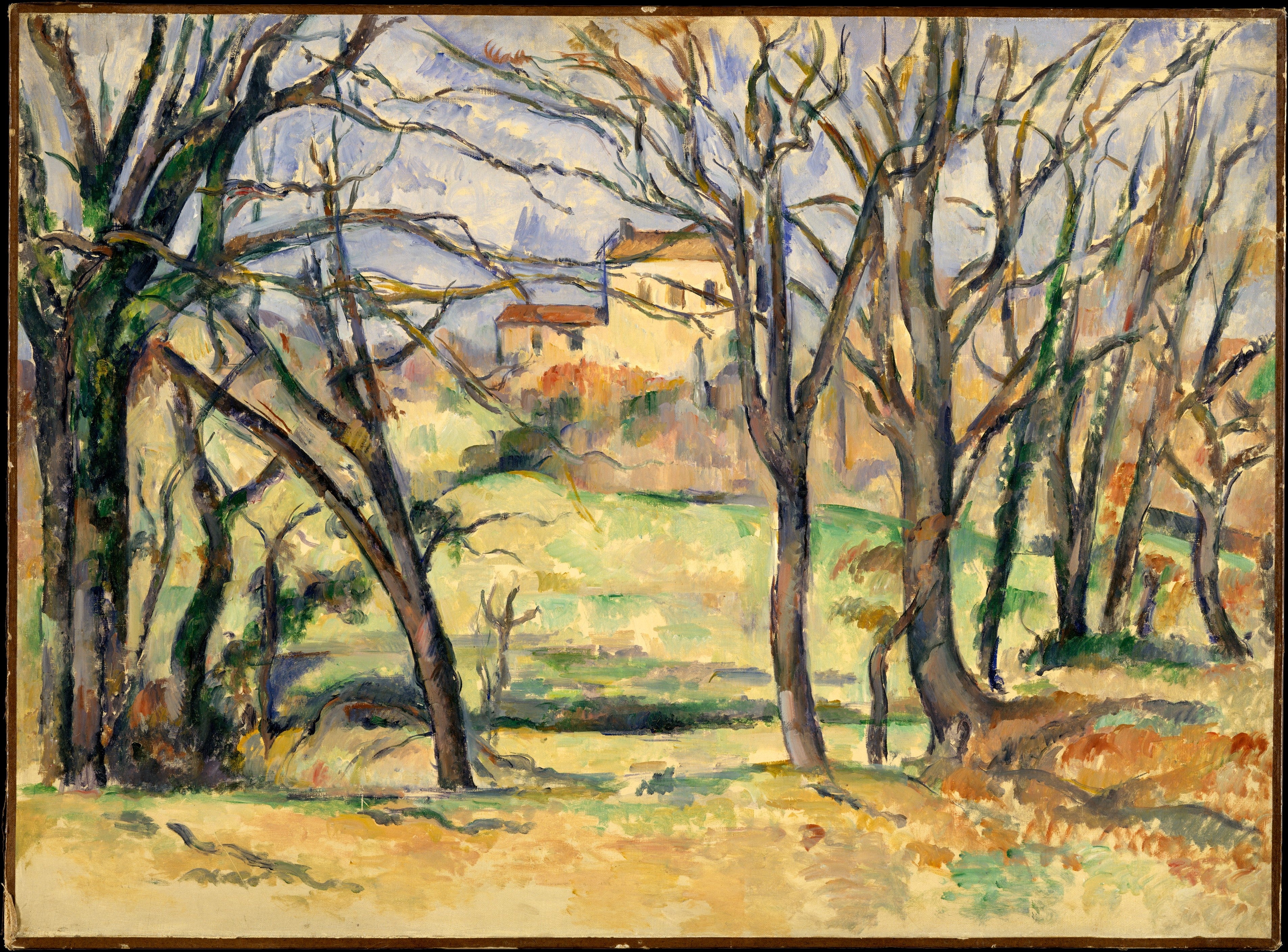 Reproduction du tableau « Arbres et maisons au lieu dit "La Durane" - Paul Cézanne » par Alpha Reproduction en peinture à l’huile