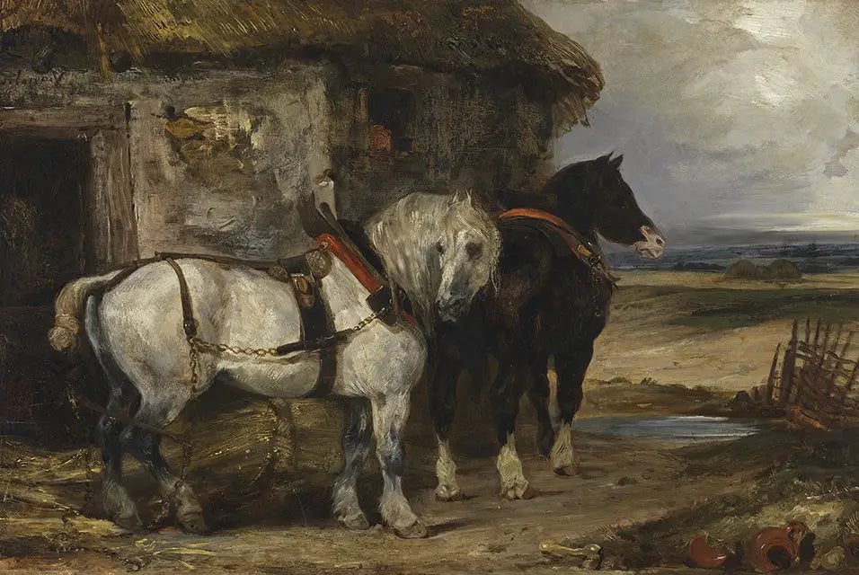 Reproduction du tableau « Deux chevaux devant une grange - Eugène Delacroix » par Alpha Reproduction en peinture à l’huile