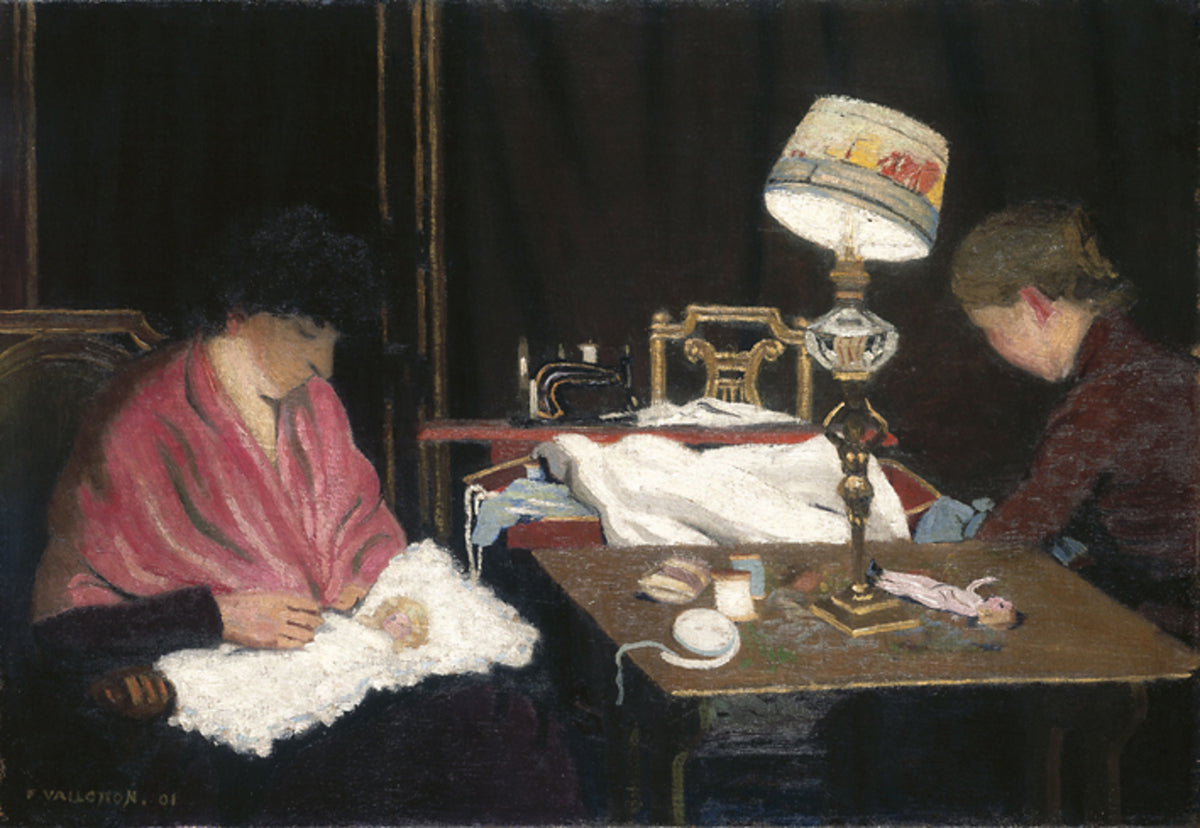 Femme, châle rose, cousin à la lampe - Félix Vallotton