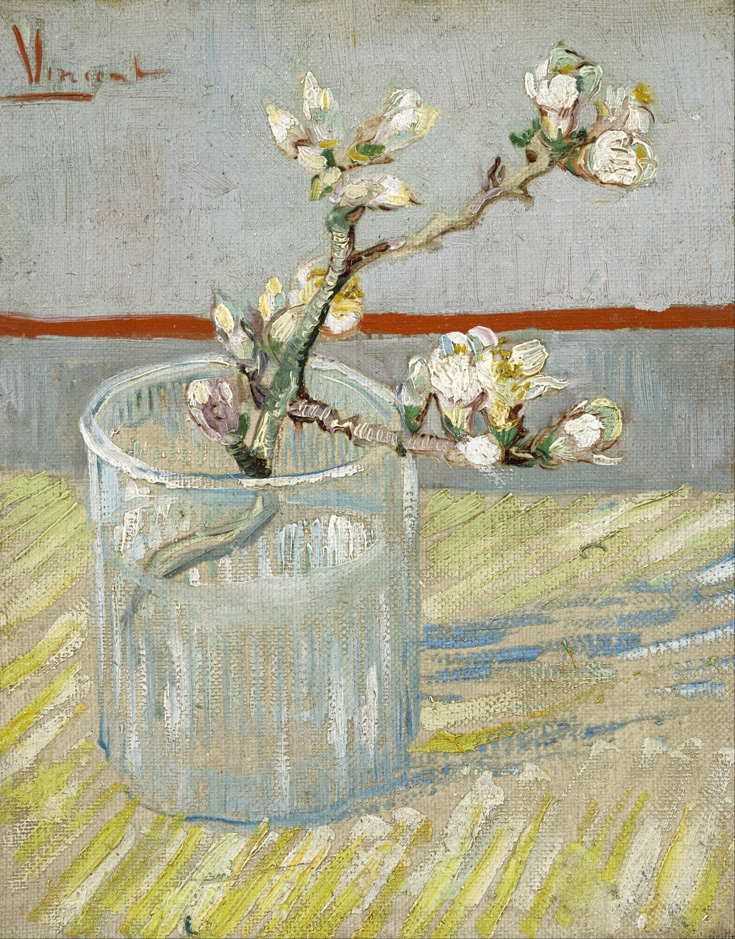 Reproduction du tableau « Branche d'amandier en fleur dans un verre - Vincent van Gogh » par Alpha Reproduction en peinture à l’huile