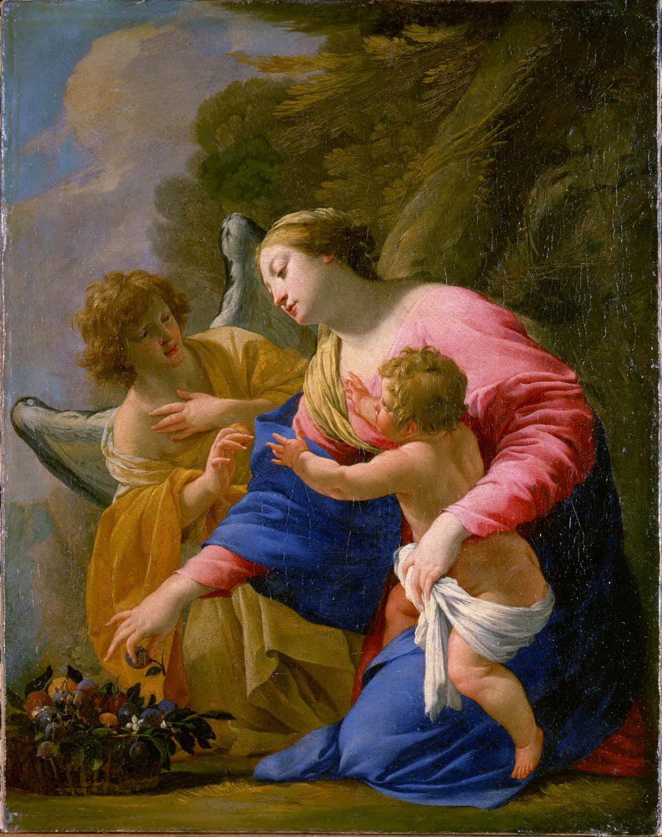 La Vierge et l'enfant au panier de fruits avec un ange dans un paysage - Simon Vouet