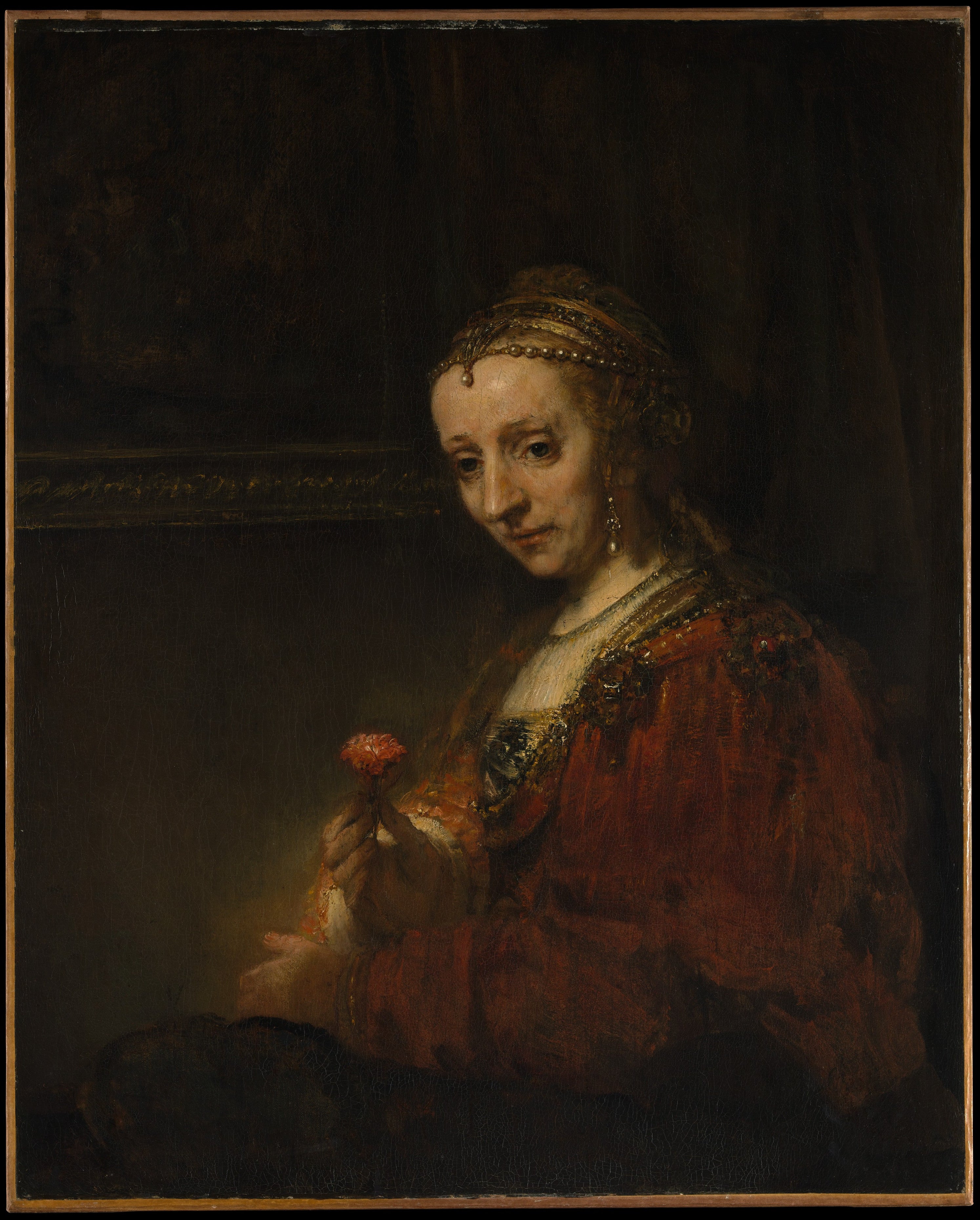 Reproduction du tableau « Femme avec un rose - Rembrandt » par Alpha Reproduction en peinture à l’huile
