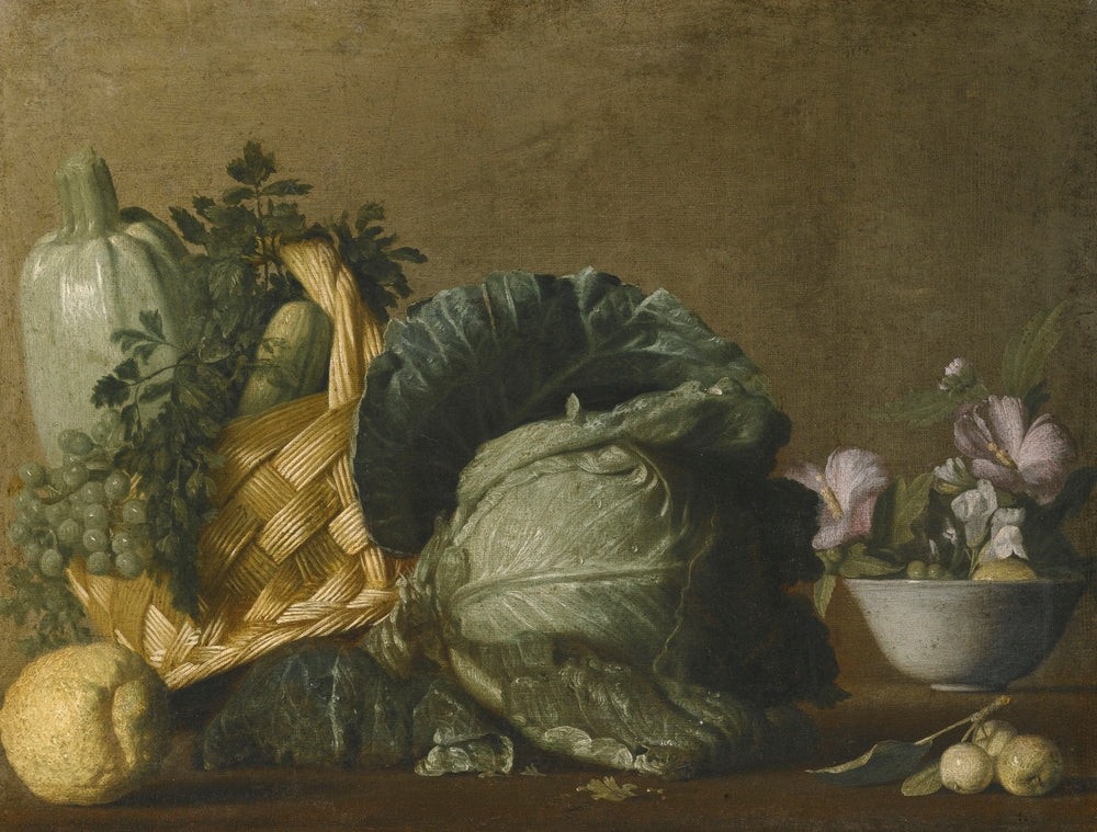 A Still Life with a Marrow, a Courgette and Grapes - Bernardo Strozzi