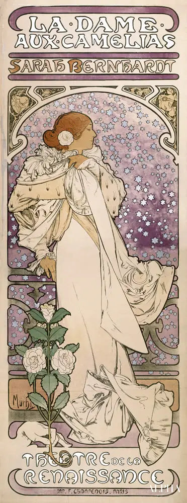 Affiche de la pièce La Dame aux Camélias de A. Dumas au Théâtre de la Renaissanse - Mucha - Reproductions de tableaux et peintures haut de gamme