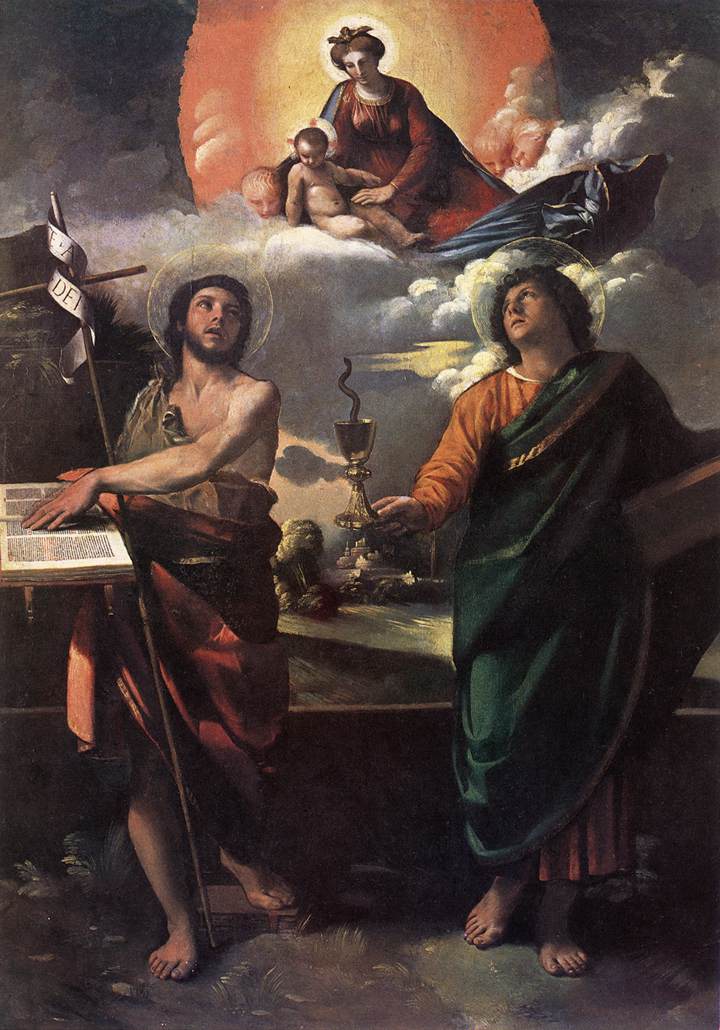 Apparition de la Vierge à l'Enfant aux saints Jean le Baptiste et l'Évangéliste - Dosso Dossi image 1 reproduction de peinture à l’huile