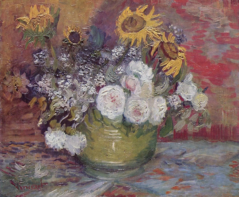 קערה עם חמניות, ורדים ופרחים נוספים - Vincent van Gogh