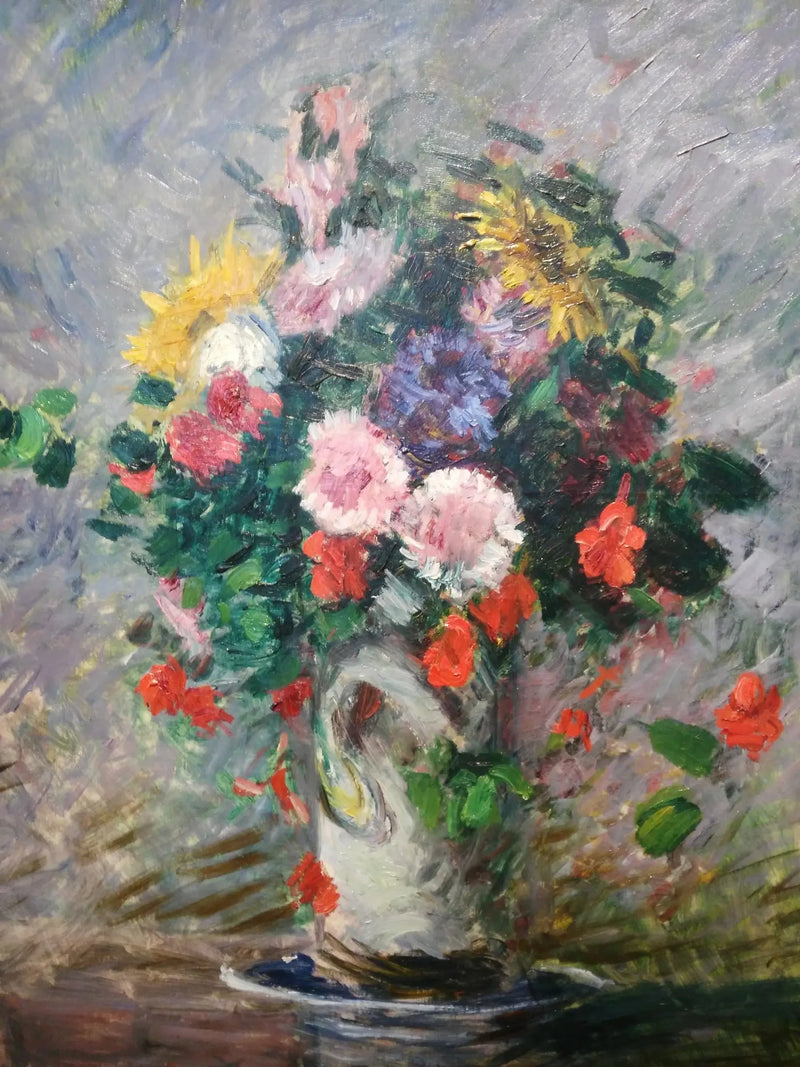 זר של פרחי מרגנית, קפוצ'ין ושמשות בתוך vase - גוסטב קיילבוט