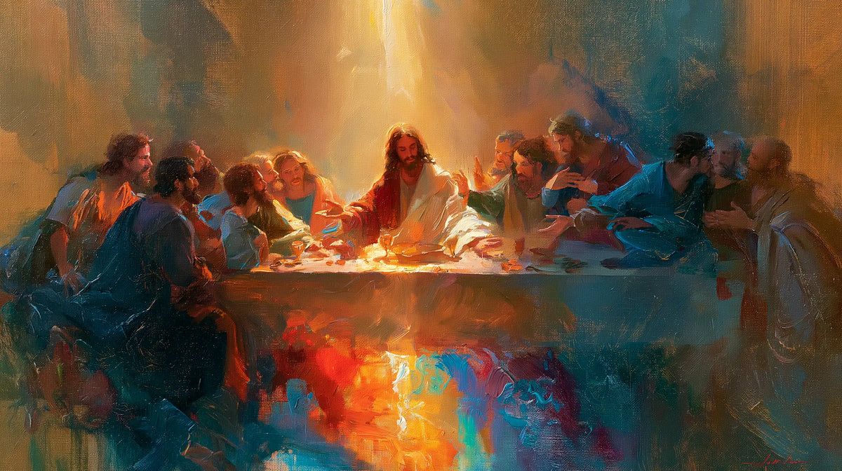 Christ et apôtres dans une Cène expressionniste avec reflet de table orange turquoise rouge et violet