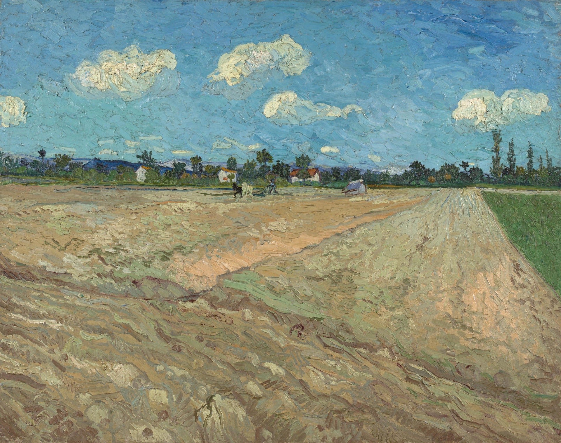 Champs labourés ou Les Sillons, F574 — terre retournée, paysans et ciel bleu peints par Vincent van Gogh à Arles