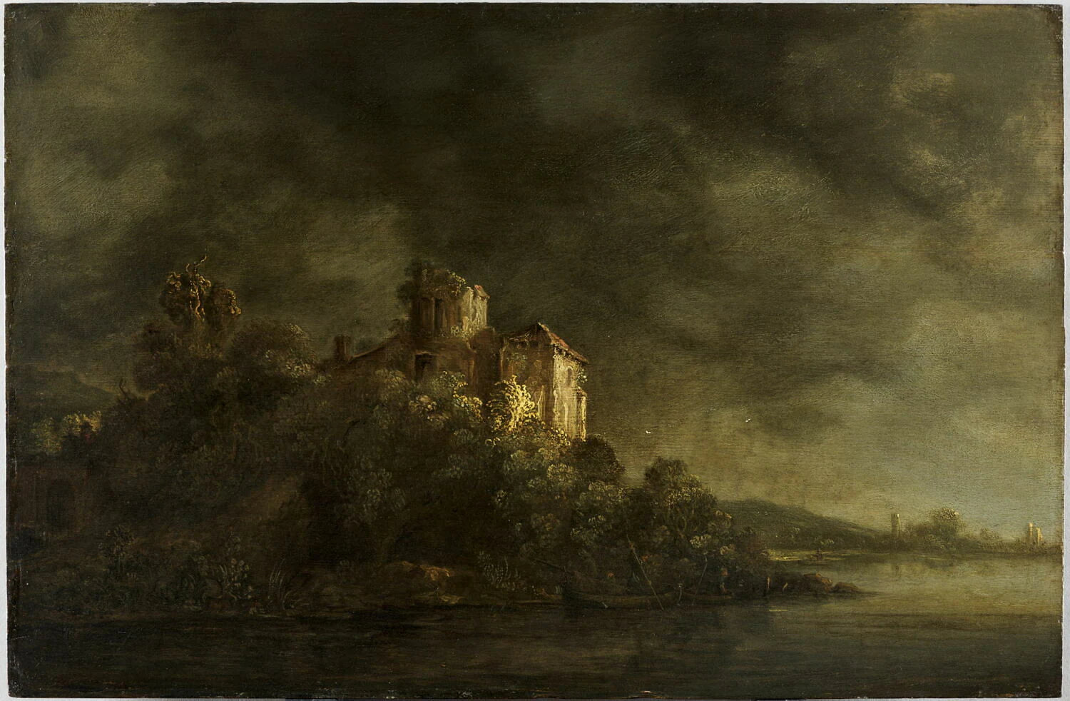 Château dominant une rivière - Rembrandt