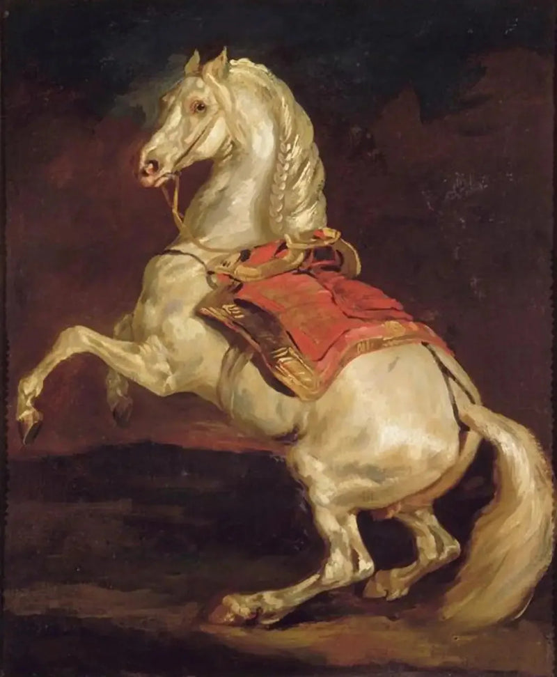 סוס עומד על רגליו האחוריות על שטיח Saddle אדום - תיאודור ז'ריקו