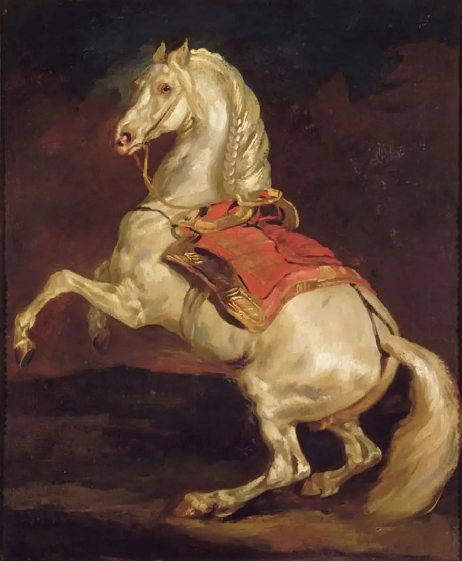 סוס עומד על רגליו האחוריות על שטיח Saddle אדום - תיאודור ז'ריקו