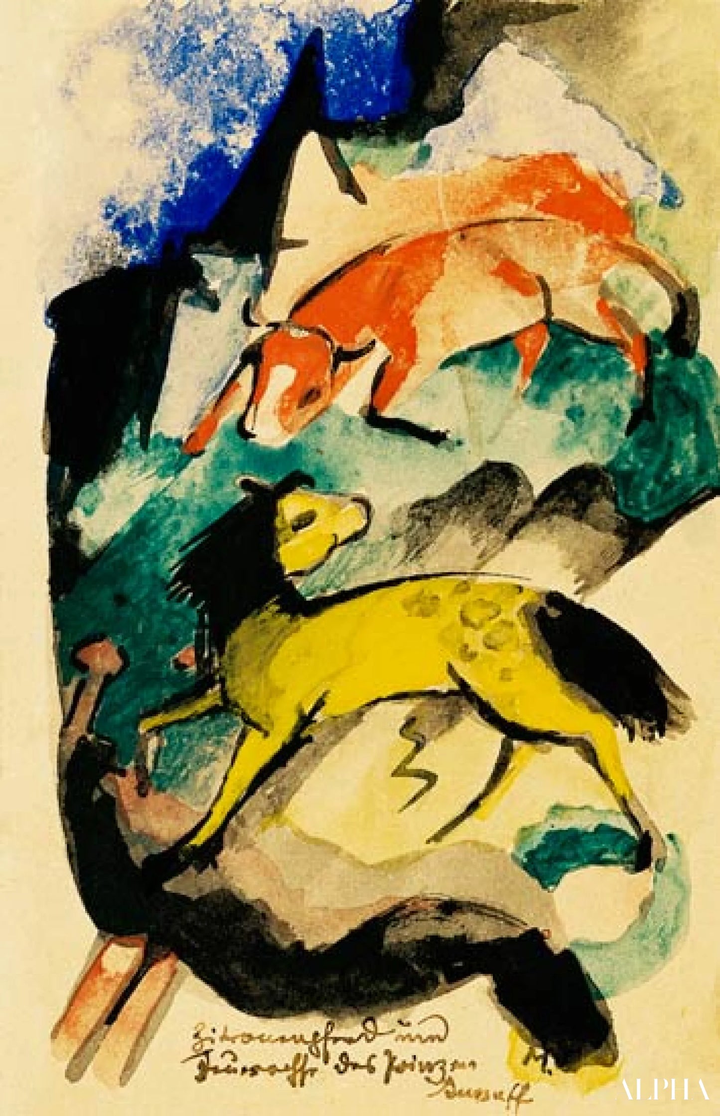 Reproduction du tableau « Cheval de citron et boeuf de feu du prince Jussuff (sur la carte postale à des Else élèves de cachot) - Franz Marc » par Alpha Reproduction en peinture à l’huile