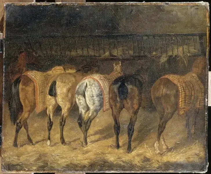 חמישה סוסים נראים מהצד האחורי באורווה - תיאודור ז'ריקו