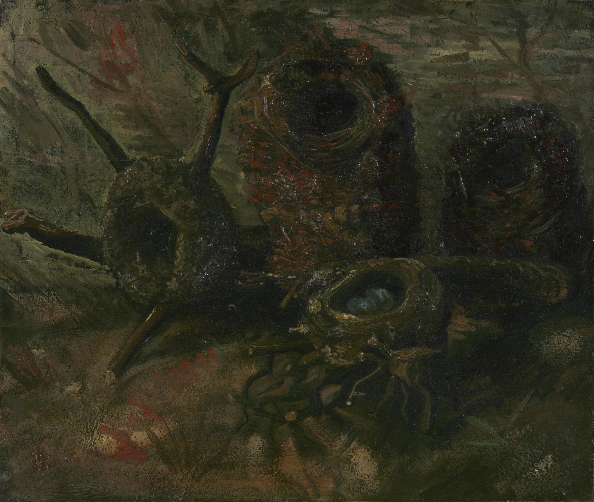 Nature morte avec cinq nids d’oiseaux F111 — mousse, brindilles et œufs peints par Vincent van Gogh