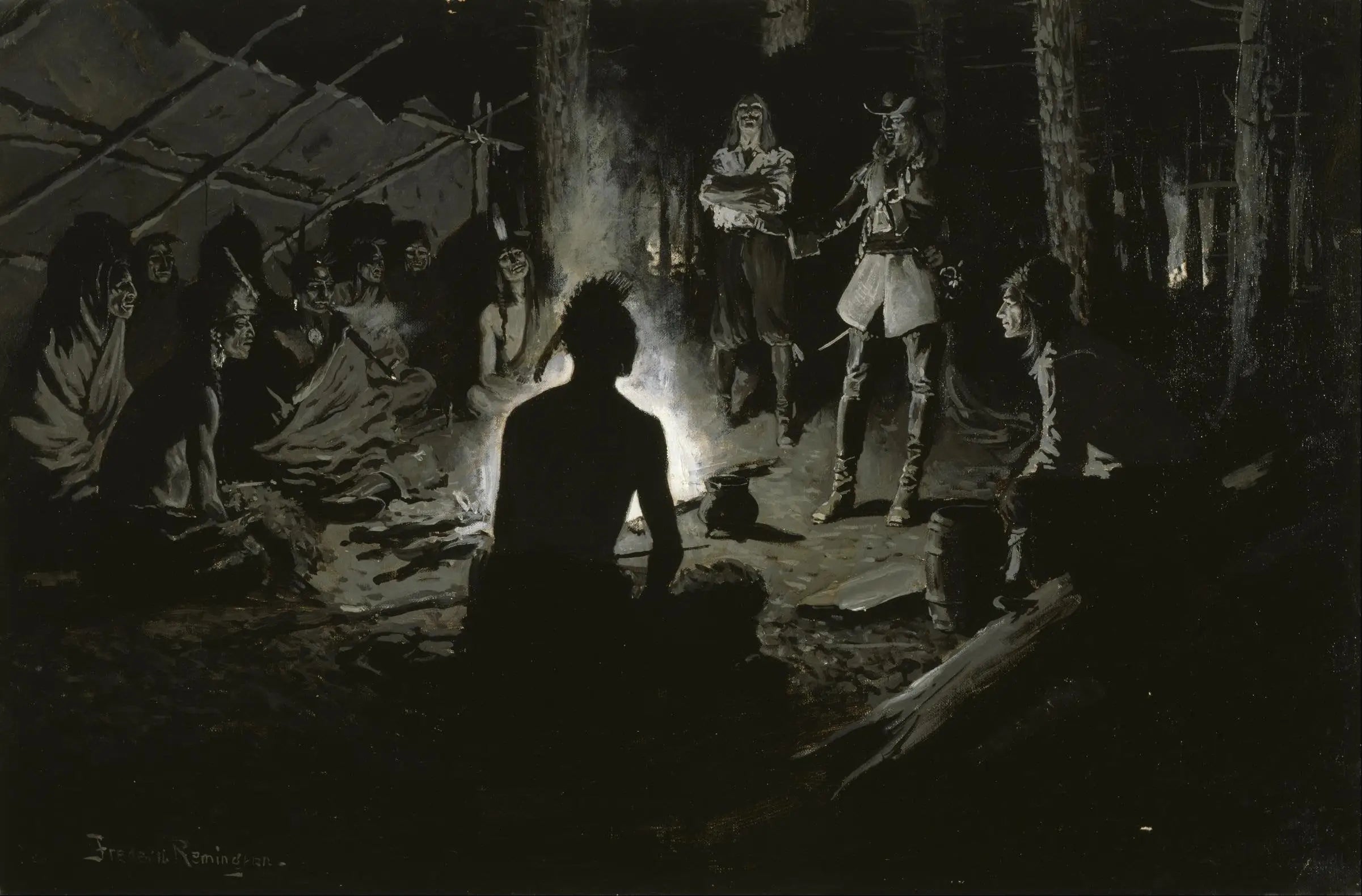 Conseil des explorateurs français avec les Indiens - Frederic Remington image 1 copie de tableau peinte à la main