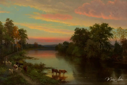 Coucher de soleil avec des vaches - John Frederick Kensett - Reproductions de tableaux et peintures haut de gamme