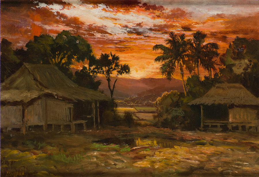 Village indonésien au coucher du soleil, Abdullah Suriosubroto, Date non précisée