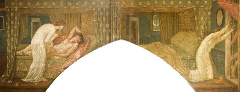 קופידון ופסיכאה - ציורי קיר ירוקים בארמון - אדוארד בורן-ג'ונס