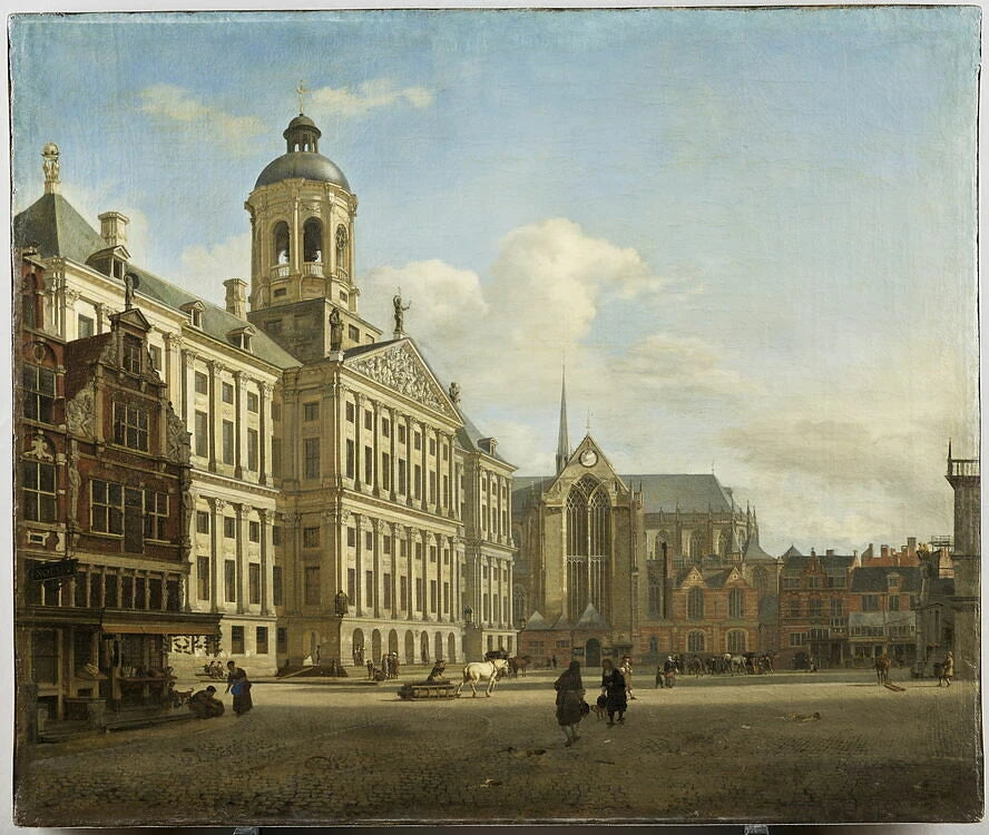 Le Dam avec le nouvel hôtel de ville à Amsterdam, vue prise depuis la Kalverstraat, 1668 - Jan van der Heyden
