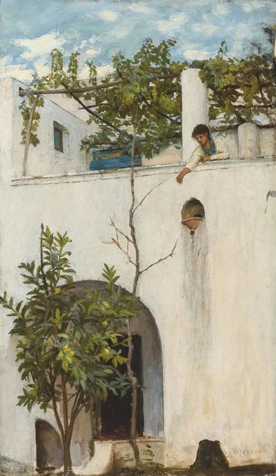 Reproduction du tableau « Dame sur un balcon, Capri - John William Waterhouse » par Alpha Reproduction en peinture à l’huile