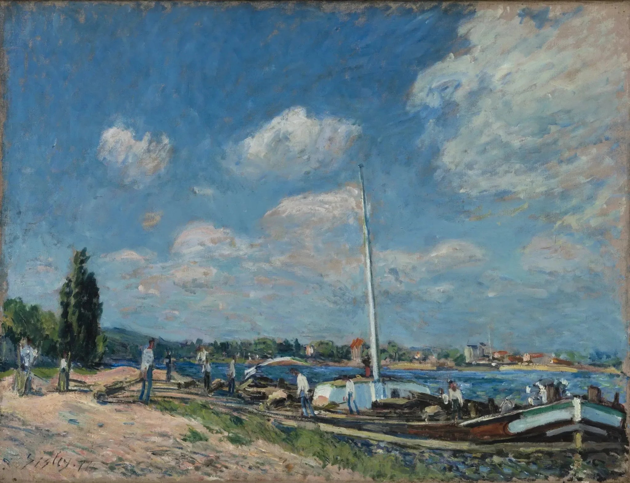 Déchargement des péniches à Billancourt - Alfred Sisley image 1 copie de tableau peinte à la main