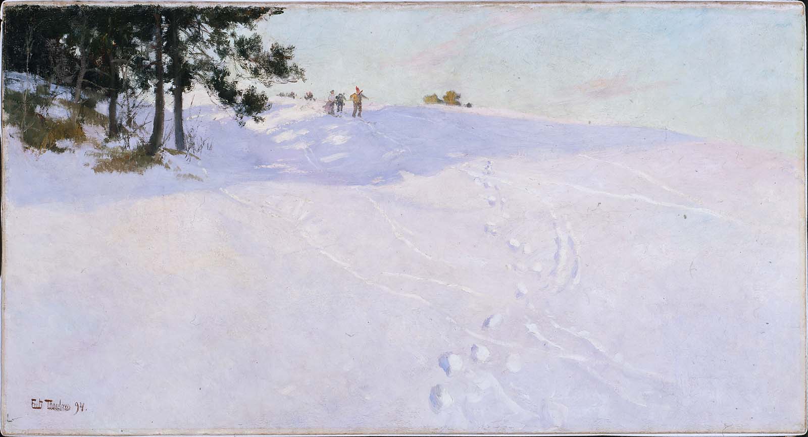 Des skieurs au sommet d'une colline enneigée - Frits Thaulow image 1 reproduction de peinture à l’huile