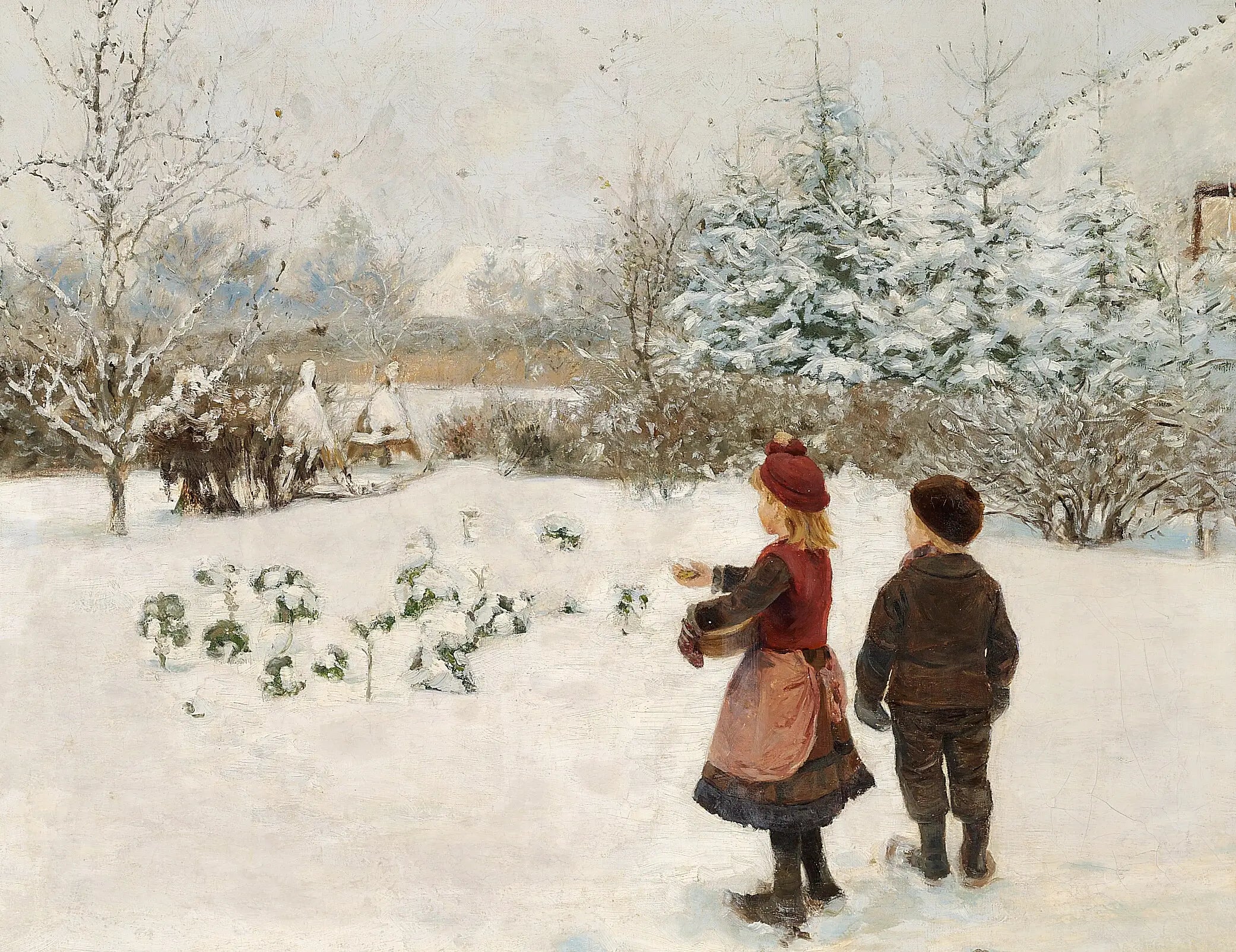 Deux enfants nourrissent des oiseaux dans la neige. - H. A. Brendekilde - Alpha Reproduction