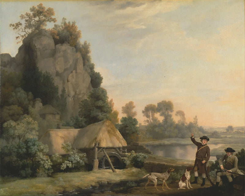 שני גברים יוצאים לציד, עם נוף ל-Creswell Crags, תצלום במקום - ג'ורג' סטאבס