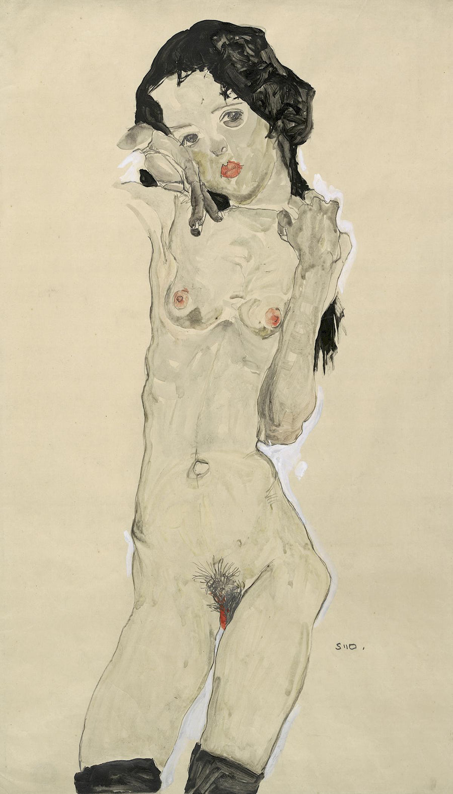 Jeune fille nue aux cheveux noirs, debout (1910) - Egon Schiele