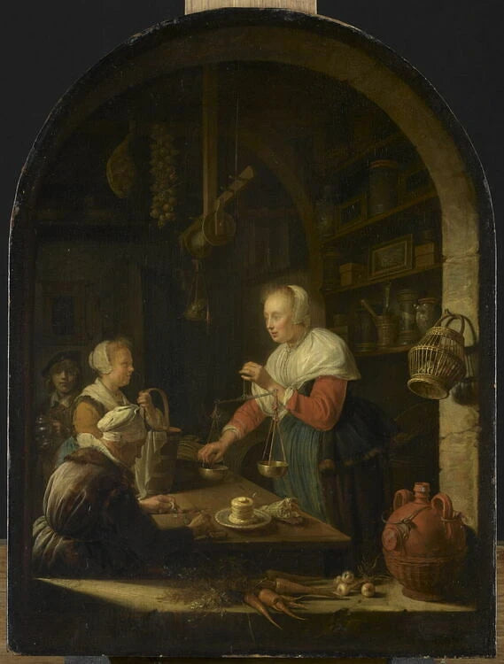 L'Épicière de village, avec le portrait du peintre à l'arrière-plan - Gerard Dou