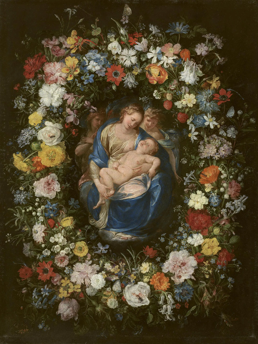 Guirlande avec la Vierge, l'Enfant Jésus et deux anges - Jan Brueghel l'Ancien image 1 reproduction artisanale de tableau