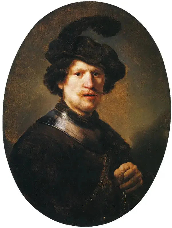 Homme portant un béret à plumes et un gorgerin - Rembrandt image 1 copie peinte à la main à l’huile
