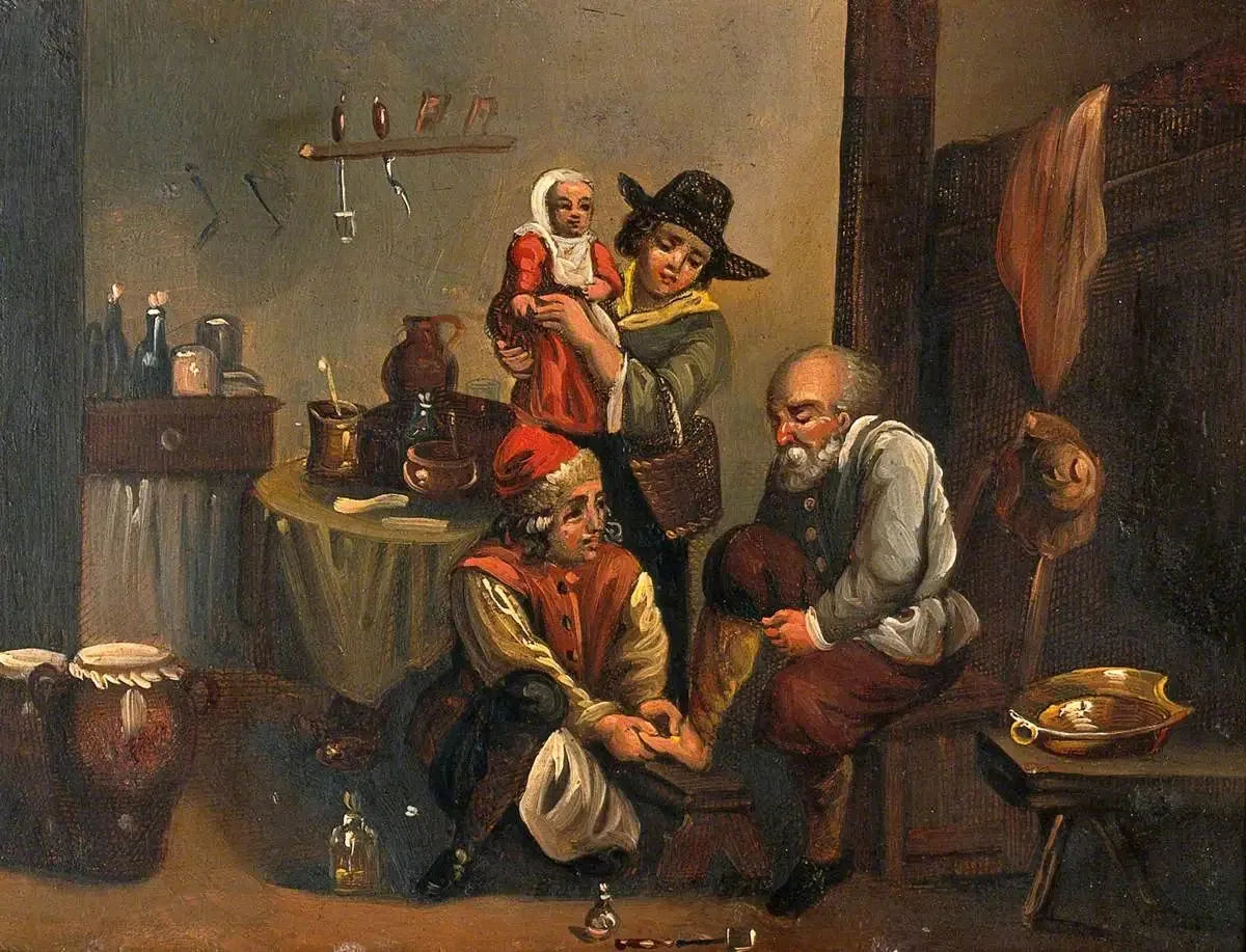 Intérieur d'un cabinet médical avec un chirurgien soignant le pied d'un homme, et une femme et un enfant regardant - David Teniers le Jeune image 1 copie de tableau peinte à la main