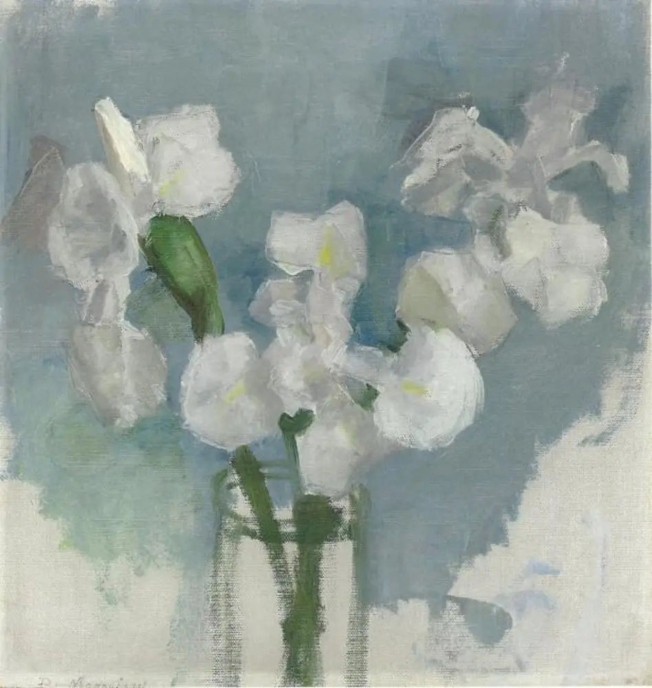 Reproduction du tableau « Iris blancs sur fond bleu clair I - Piet Mondrian » par Alpha Reproduction en peinture à l’huile