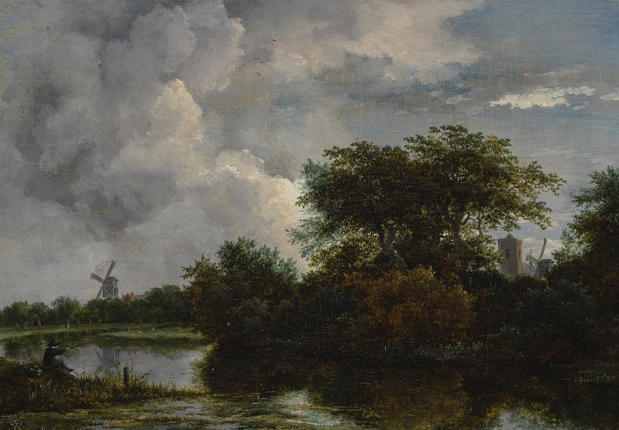 Paysage fluvial avec pêcheur, peinture de Jacob van Ruisdael