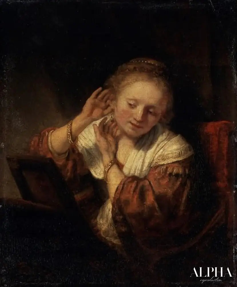 Jeune femme essayant des boucles d'oreilles - Rembrandt van Rijn - Reproductions de tableaux et peintures haut de gamme