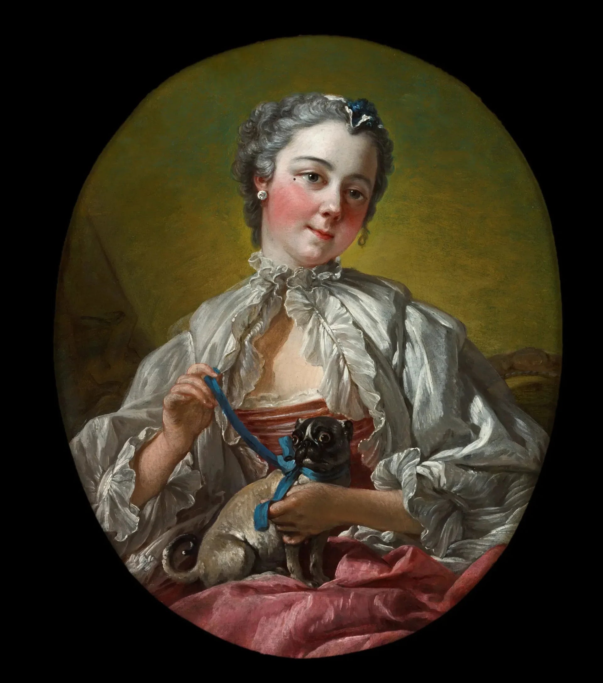 Jeune femme tenant un carlin - François Boucher image 1 tableau peint à l’huile sur toile