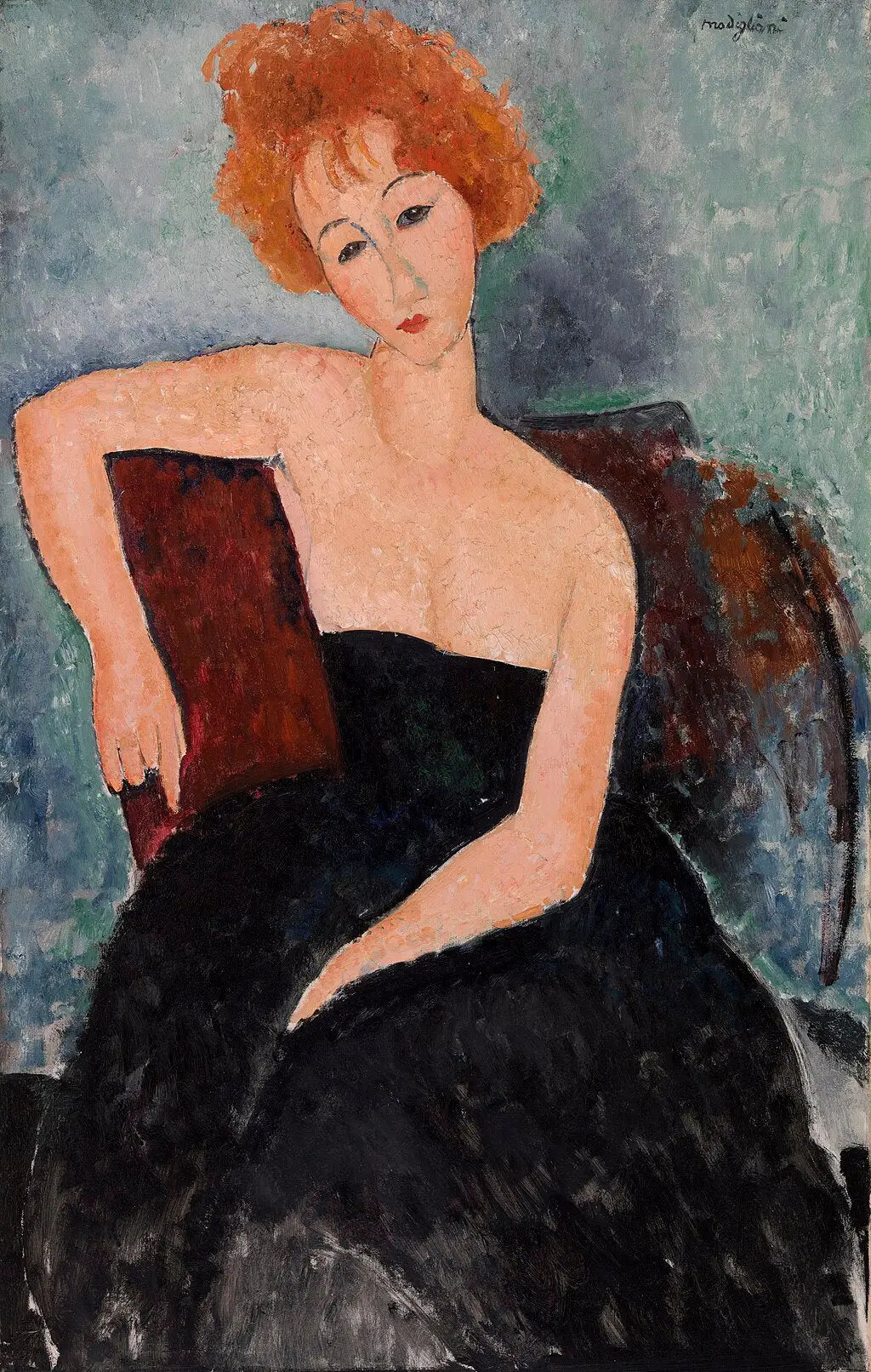 Reproduction du tableau « Jeune fille rousse en robe de soir - Amedeo Modigliani » par Alpha Reproduction en peinture à l’huile