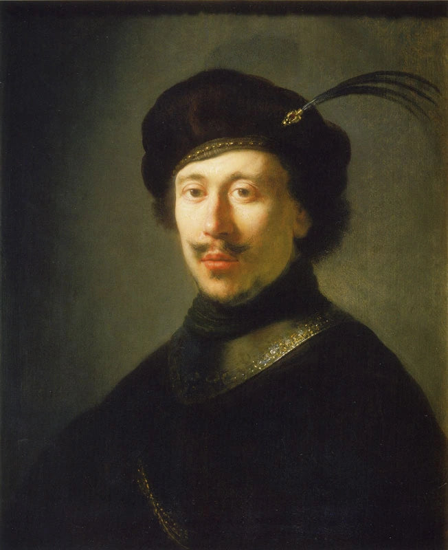 Buste d’un jeune homme en gorgerin et bonnet à plume — atelier de Rembrandt, vers 1631–1632, San Diego Museum of Art
