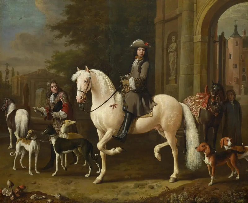 יוהאן אורט (1642-1701) על סוס חוצה את שער טירת נijenrode - מלכיור דה הונדקוטר