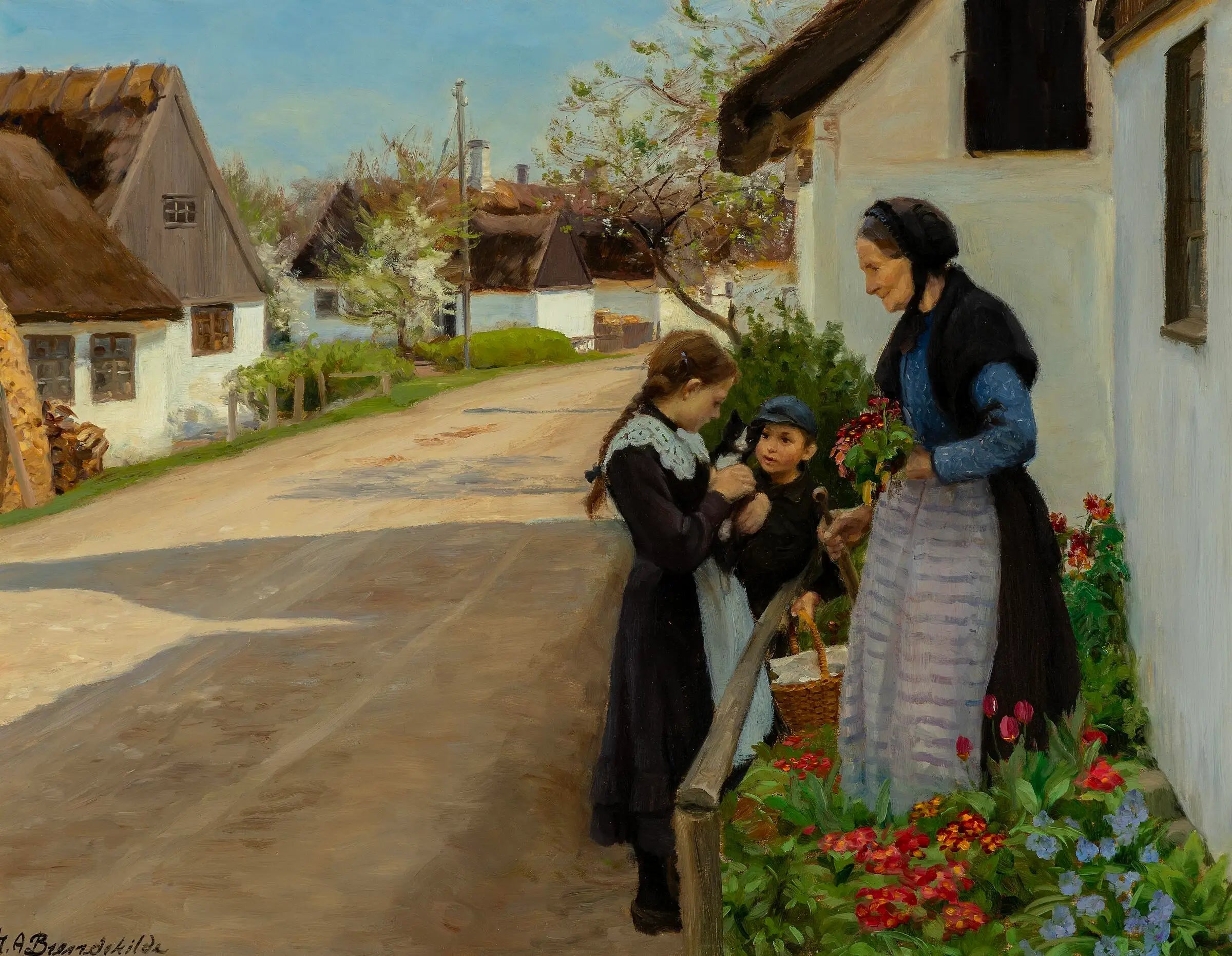 Journée de printemps au village. Le chaton est offert à grand-mère. - H. A. Brendekilde - Alpha Reproduction
