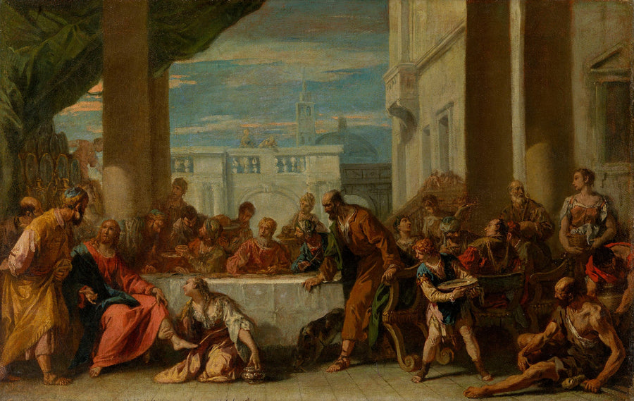 מגדלנה השופכת שמן על רגלי ישו. - סבסטיאנו ריצ'י