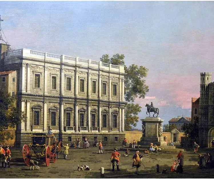 La Maison des Banquets et la Porte Holbein, Whitehall, avec la statue équestre du roi Charles Ier - Canaletto image 1 copie peinte à la main à l’huile