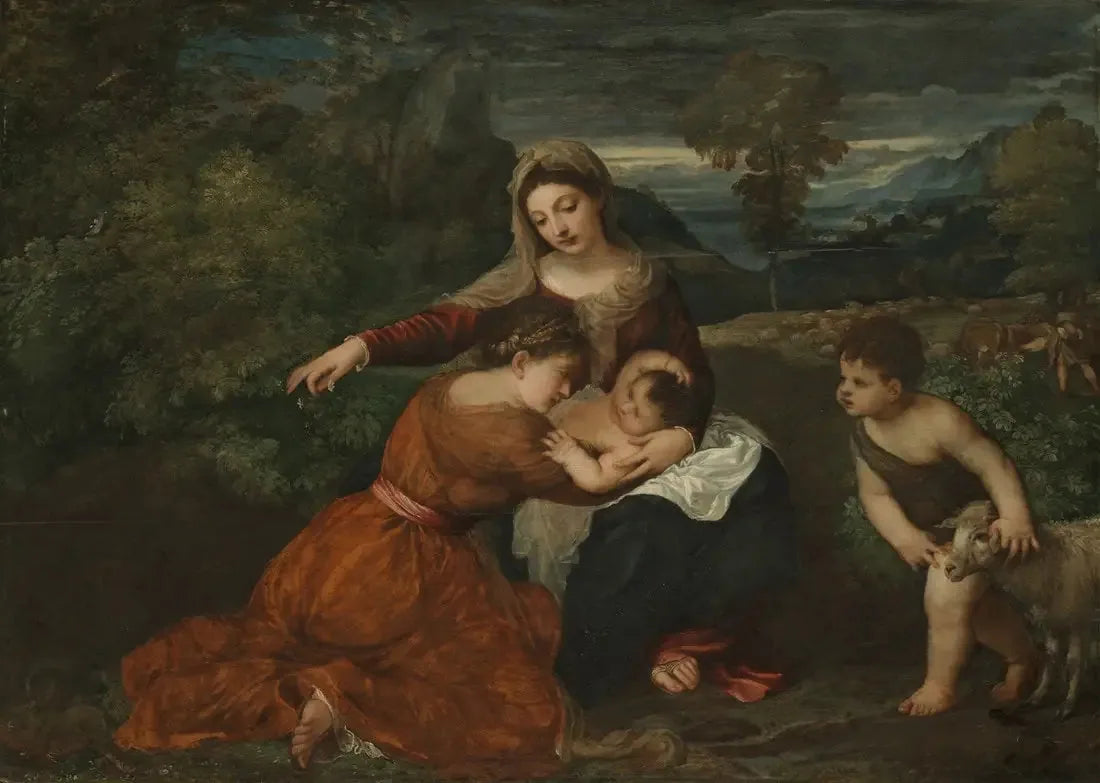La Vierge à l'Enfant avec une sainte et le jeune saint Jean-Baptiste - Titian image 1 copie de tableau peinte à la main