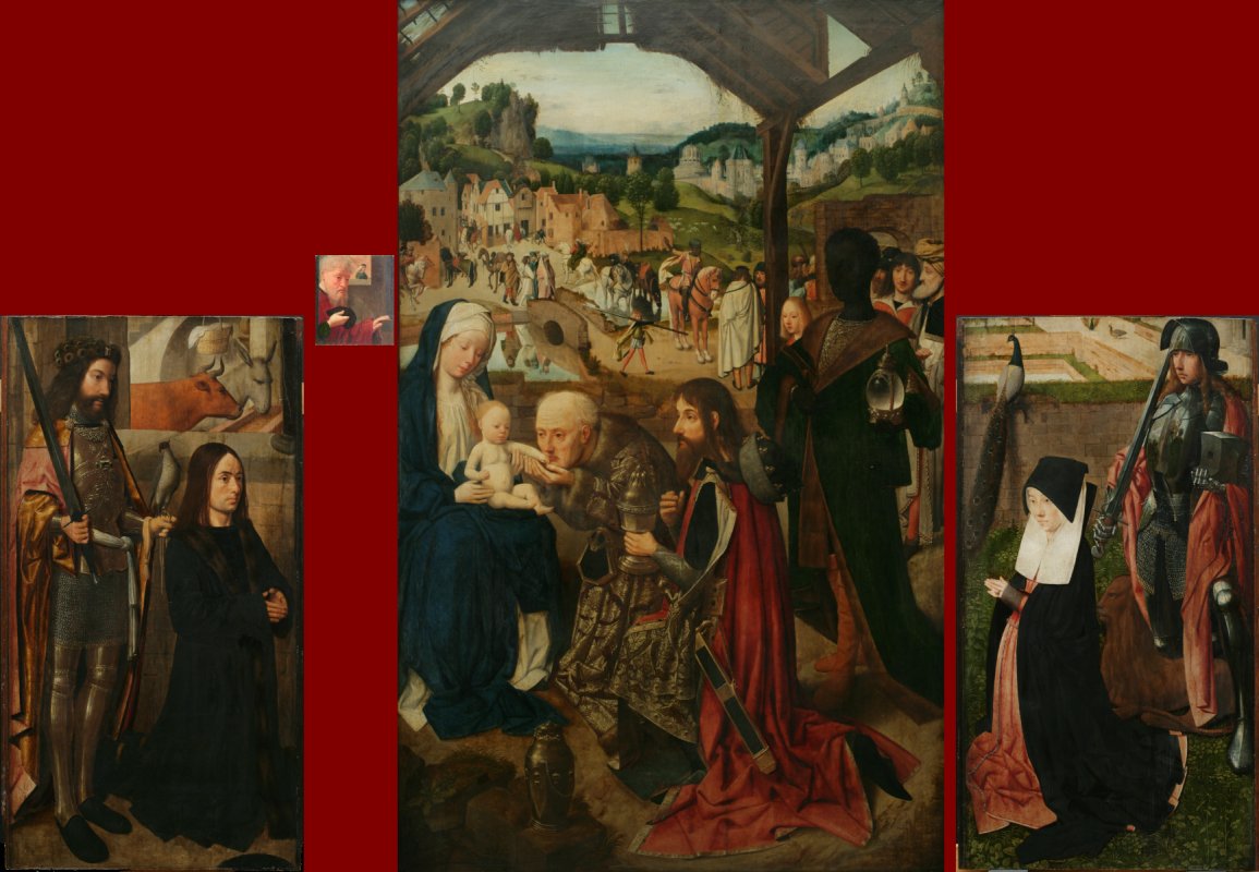 L’Adoration des Mages retable à volets ; volet gauche : le donateur avec saint Bavon ; volet droit : l’épouse